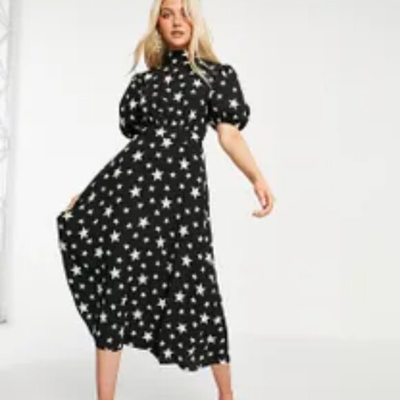 ASOS John Zack puff sleeve midi dress with open back bow in black star print - Picture 4 of 4